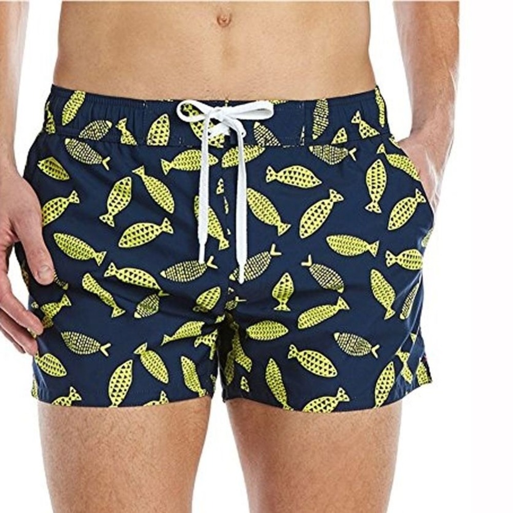 2XIST Ibiza Mens S Swim Trunks Shorts Deco Sea Print Navy Yellow Fish Drawstring